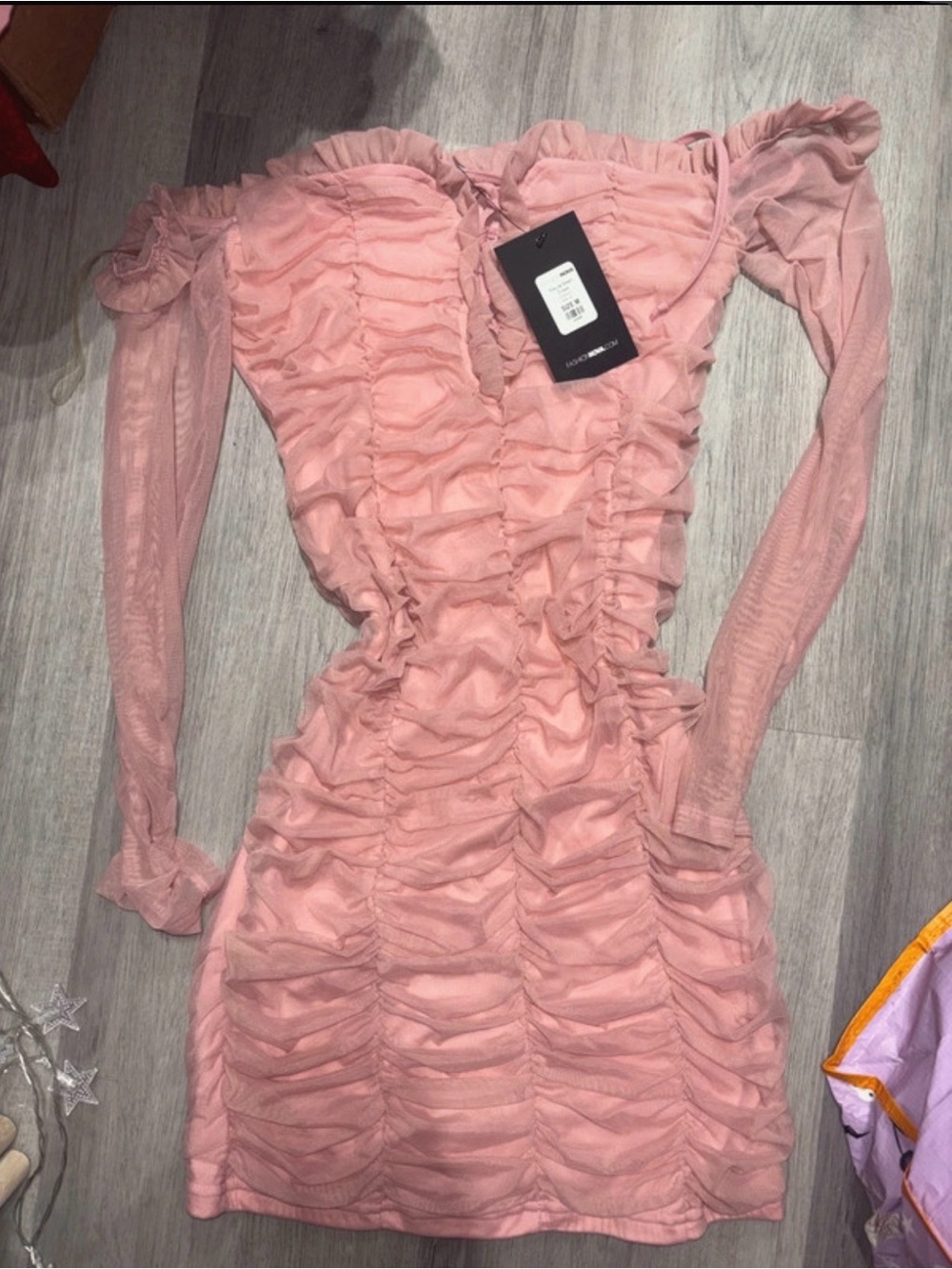 Fashion Nova Blush Pink Ruched Off-Shoulder Long Sleeve Mini Dress